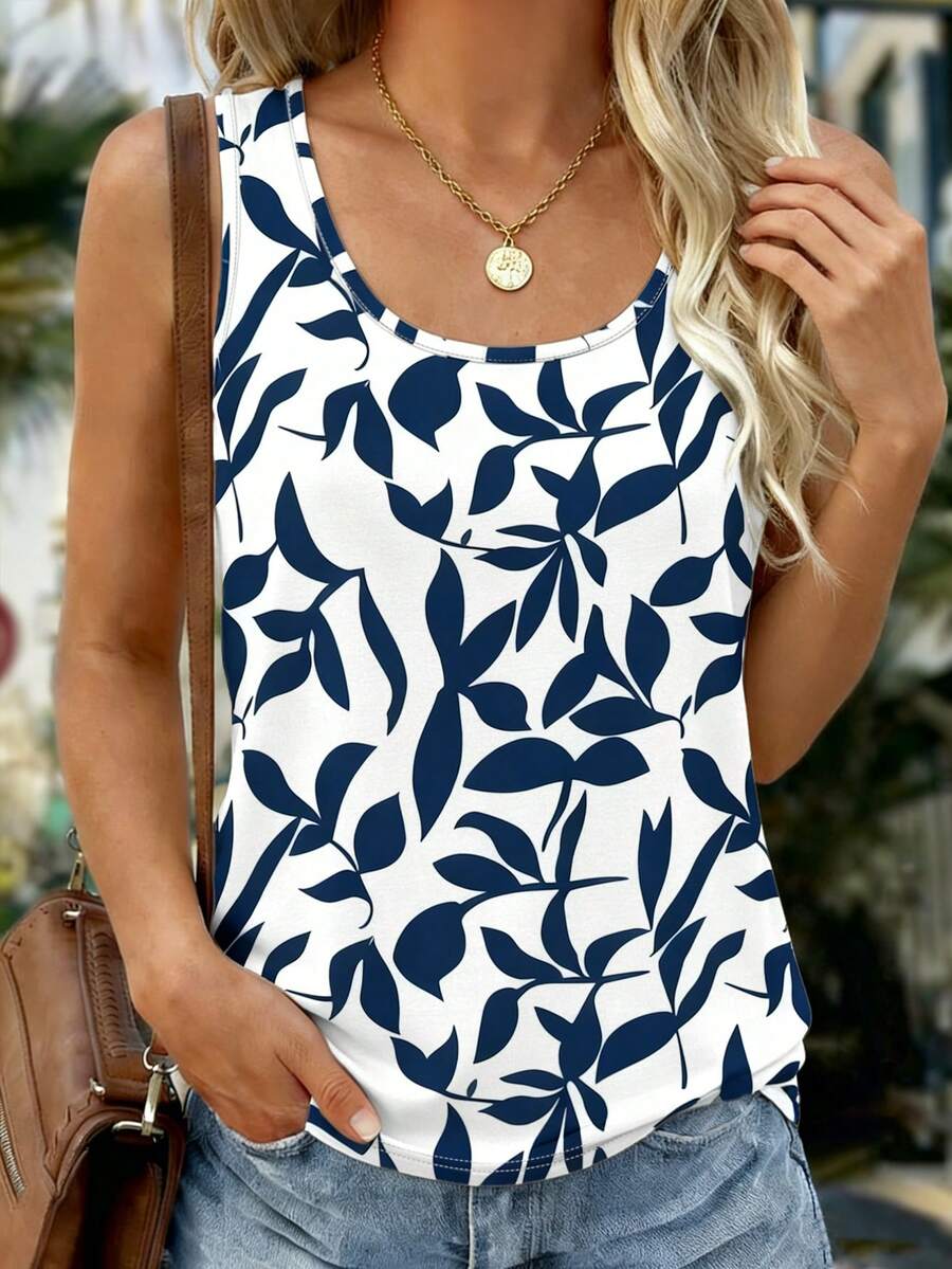 EMERY ROSE Women's Casual Loose Fit Plant Print Round Neck Tank Top, Suitable For Vacation - Khaki - View 1