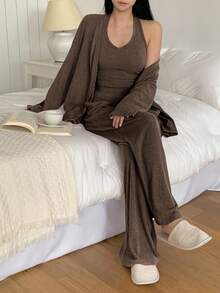 DAZY Bộ 3 món đồ mặc nhà cho nữ gồm áo choàng dệt kim gân, áo hai dây và quần dài, thích hợp cho mùa đông. - màu nâu - Xem 3