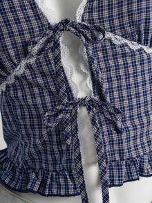 Elamini Women's Lace Trim Tie Front Blouse, Elegant Vacation Plaid Print Shirt, Suitable For Spring, Summer, Autumn - Multicolor - View 4