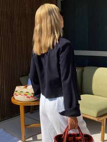 DAZY 女士翻领收腰短款长袖优雅性感修身水洗牛仔上衣 - 深色水洗藍 - 查看 5