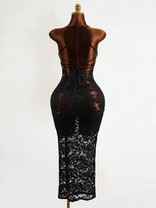 Mistrie Black Floral Lace Long Dress-Thin Straps-Transparent Sexy Long Dress - Black - View 2