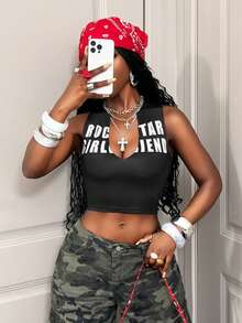 BamGleam2026 Summer Streetwear Women's Black And White Racing Style Sports Print Sleeveless Tank Top,Slim V-Neck Incision Design Night Out Clothing - Black - View 6