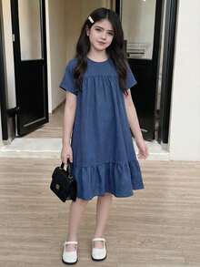 Elladie kids 1件女童宽松蓝色纹理面料圆领短袖休闲连衣裙，舒适透气，适合夏季度假和居家穿着。 - 藍色 - 查看 3