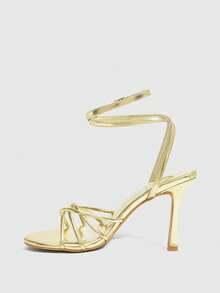 CUCCOO SZL Sandalias de tacón alto de uso diario con diseño de hebilla de metal y punta cuadrada para mujer - Dorado - Ver 5