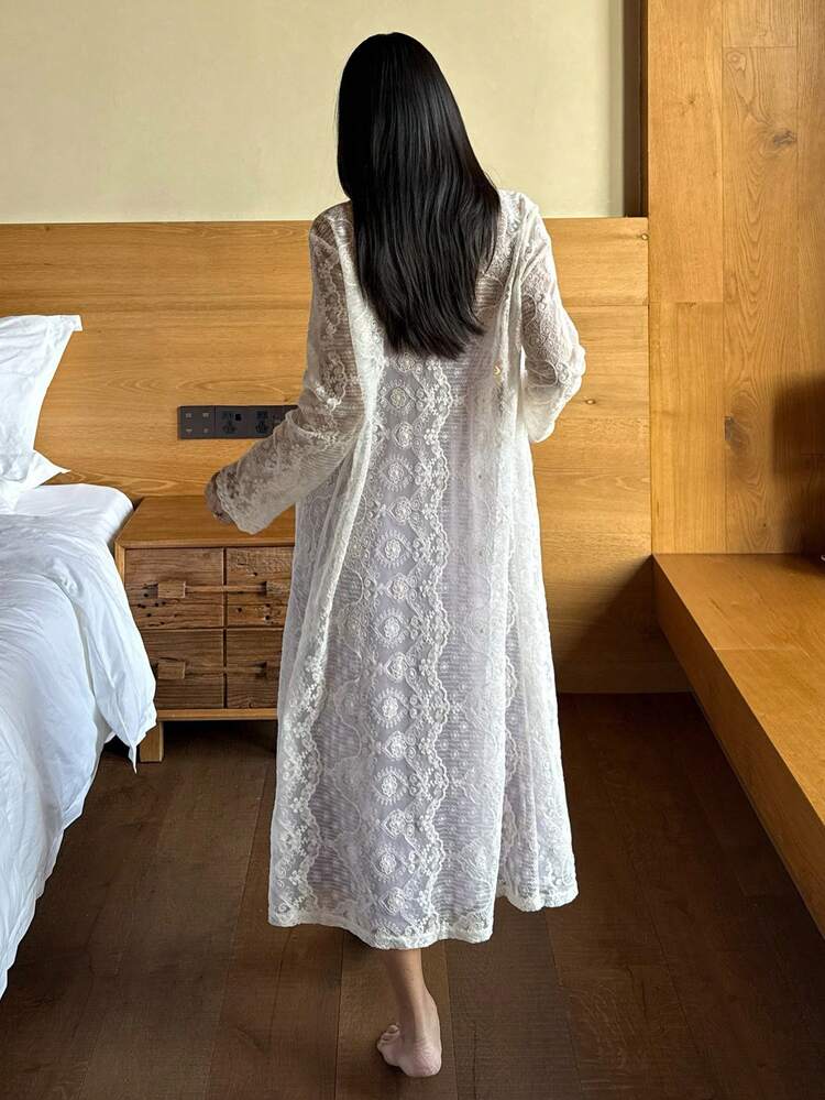 2pcs Women Lace Patchwork Sleeveless Camisole & Robe Pajama Set, Summer