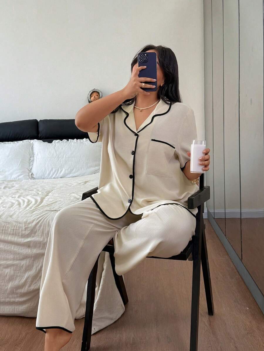 Dream Adore Plus Size Women Contrast Trim Collared Loose Short Sleeve Pajama Set - Apricot - View 1