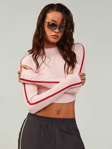 Athîral Women's Casual Sports Pink & Red Mandarin Collar Long Sleeve Cropped Top - Pink - View 2