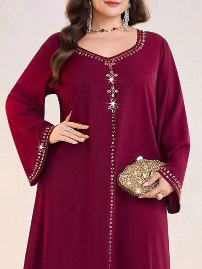 Al Najma Plus Size Women's Elegant Party Rhinestone Embellished Arabic Style Dress