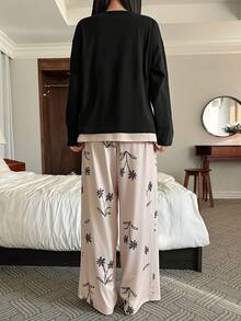 DAZY Women's Contrast Color Patchwork Knit Top & Allover Print Pajama Set - Black - View 2