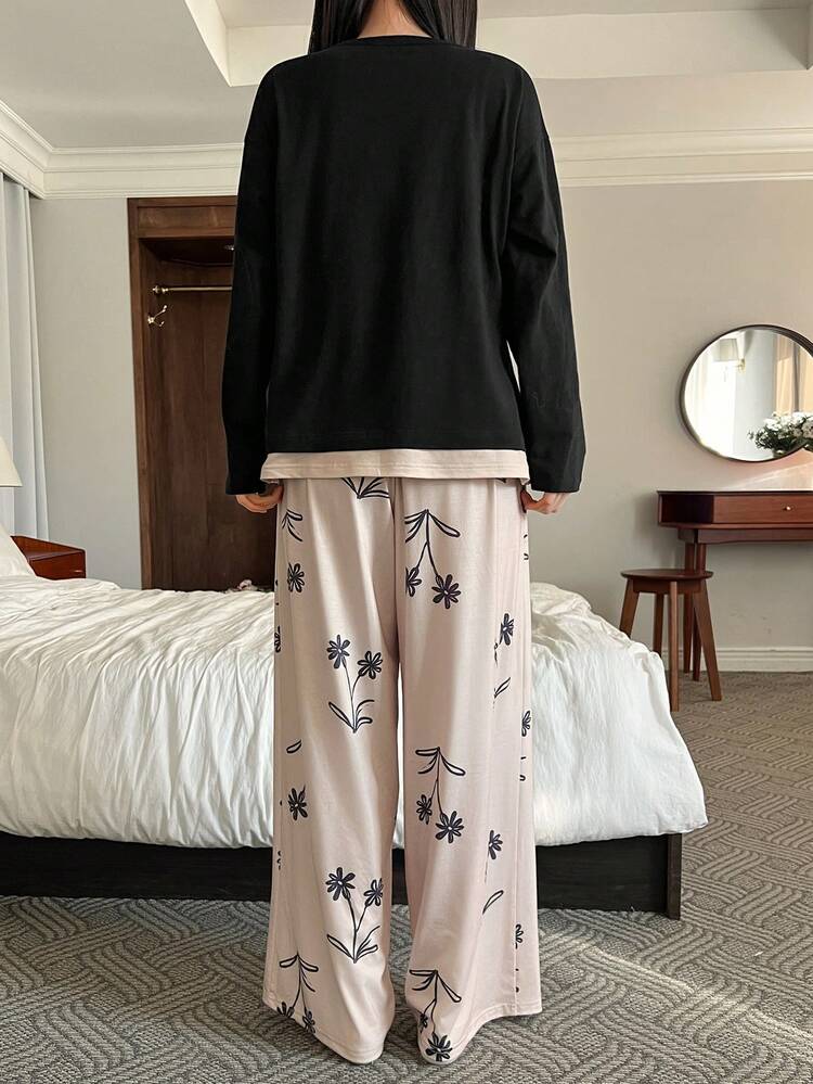 Women's Contrast Color Patchwork Knit Top & Allover Print Pajama Set