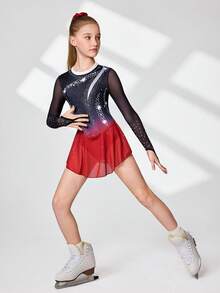 少女黑色和红色渐变长袖花样滑冰裙，高弹力渐变黑红面料，饰有闪亮钻石印花 - 彩色 - 查看 5