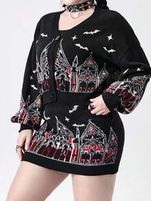 ROMWE Gothic Castle & Church Pattern Mini Bodycon Skirt For Plus Size Women - Black - View 2