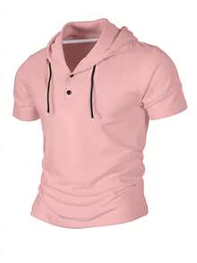 Manfinity Dauomo 男士夏季純色鈕扣半扣短袖帽T恤 - 粉色 - 查看 4