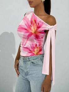 Firerie Women's Elegant Sexy Fashion Beach Vacation Pink Lily Print Asymmetrical Neck Twist Front Fitted Blouse - Pink - View 5