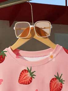 Áo thun crop top cổ tròn tay ngắn in họa tiết quả dâu tây cho nữ, thời trang mùa hè - Hồng - Xem 3