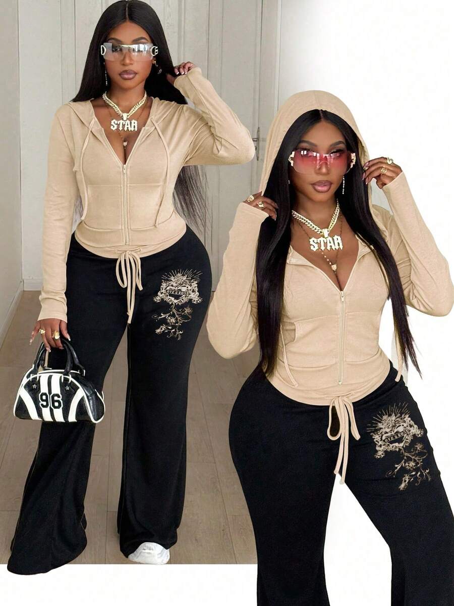 Maweii 大码女式性感连帽长袖束腰卫衣和喇叭裤两件套，弹力舒适，休闲街头风，日常穿着 - 彩色 - 查看 1