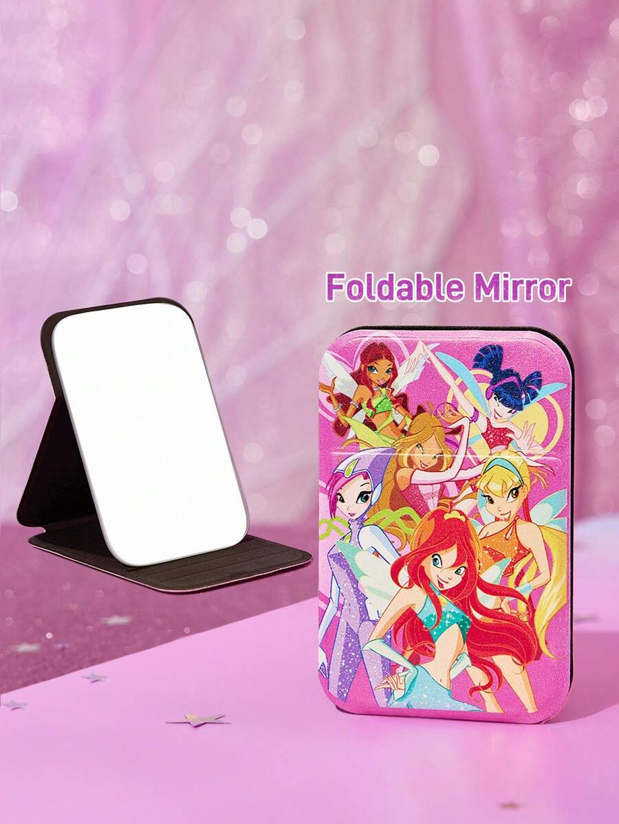 The Winx X SHEIN Cute Pattern Printed PU Leather Material Pink Foldable High-Definition Portable Mirror, Can Be Independently Supported And Handheld, Lightweight And Compact, Convenient For Checking Makeup Details, Suitable For Travel And Commuting - Hot Pink - View 1