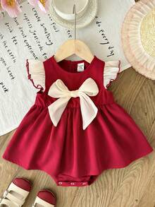 SHEIN Baby Girl Cute Summer Versatile Bow-Tie Fleece Sleeve Bodysuit - Multicolor - View 6