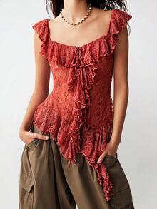 Bohemela Áo kiểu nữ thanh lịch màu trơn dệt kim ren cổ vuông xếp nếp vạt bất đối xứng - trái cam - Xem 1