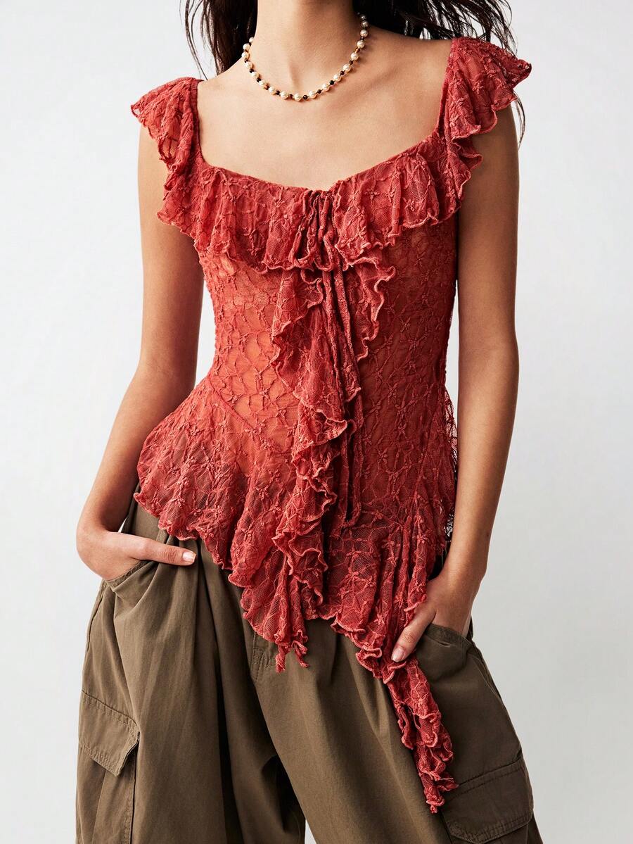 Bohemela Áo kiểu nữ thanh lịch màu trơn dệt kim ren cổ vuông xếp nếp vạt bất đối xứng - trái cam - Xem 1