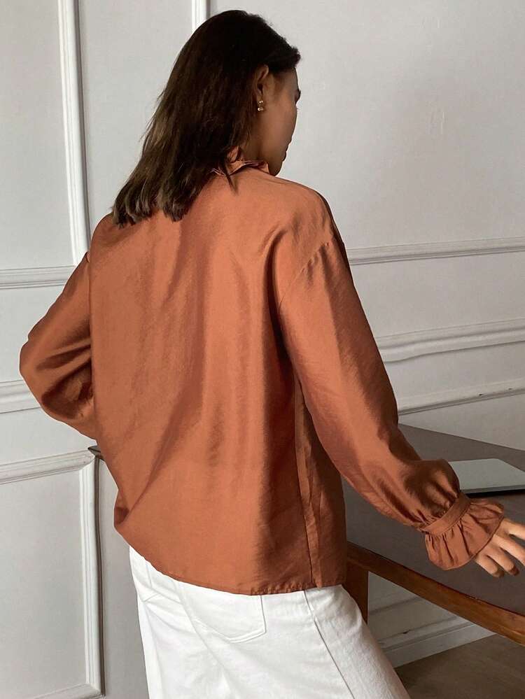 Women's Solid Color Loose Tie Drawstring Ruffle V-Neck Elegant Vacation Blouse, Spring/Autumn