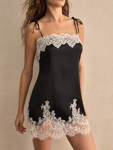 Charlaine 1pc Women's Lace Patchwork Nightgown Sleepwear Dress - Black - View 5