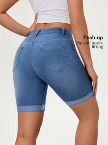 Flexra 夏季休闲水洗修身牛仔短裤 - 藍色 - 查看 4