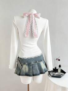 Elamini 女士休闲撞色波点蝴蝶结蕾丝边T恤，春秋季 - 白色 - 查看 2