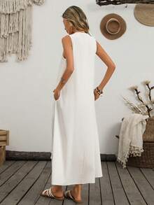 Breezaya 新款女士优雅性感连衣裙，适合办公室、度假、海滩、通勤、浪漫约会、宴会、派对、生日派对、音乐会、情人节和嘉年华等场合。女士春夏新款V领无袖宽松长款竹麻白色连衣裙，饰有流苏。女士度假连衣裙、优雅女士套装、沙滩连衣裙、长款连衣裙、女士连衣裙、婚礼宾客连衣裙、长款婚礼宾客连衣裙、白色。 - 白色 - 查看 2