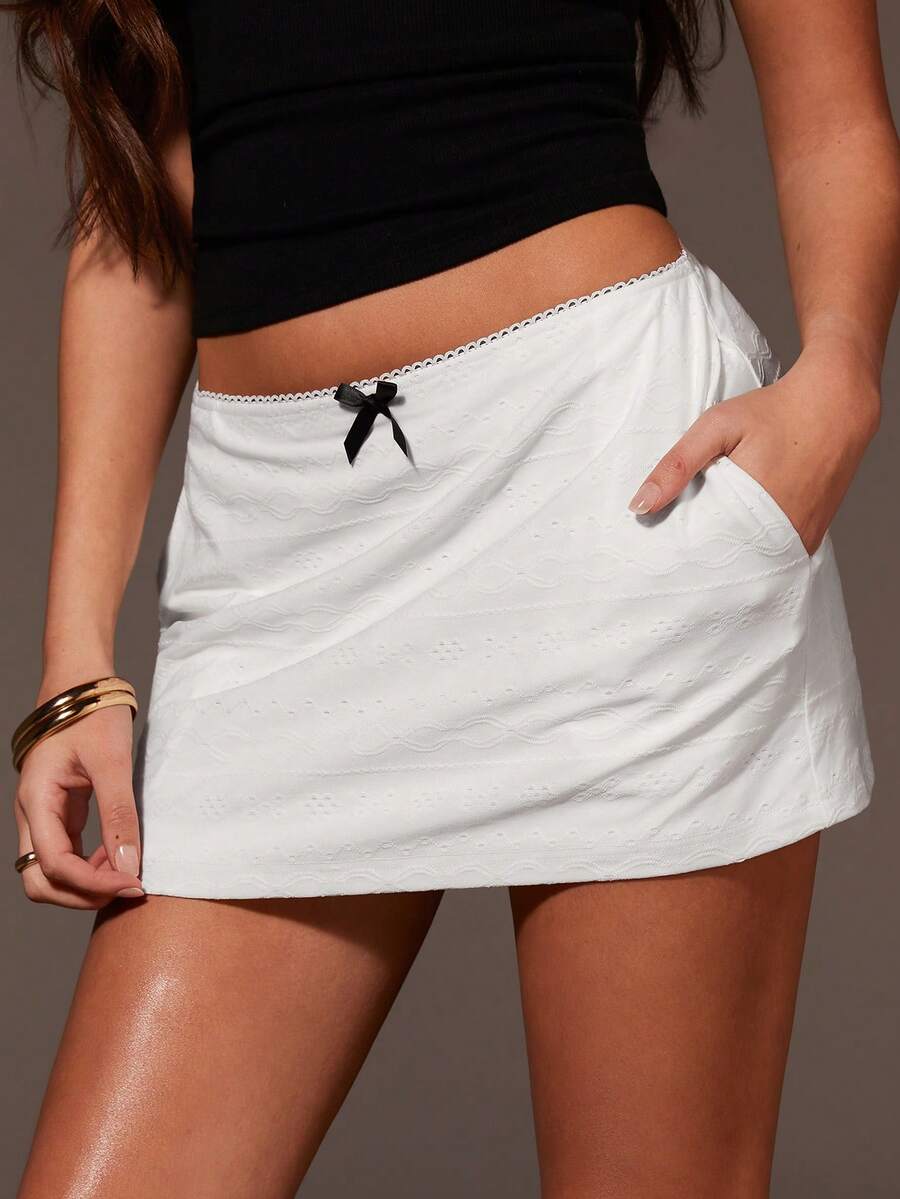 Athîral Women's Casual Vacation White Embroidered Knit Mini Skirt, Spring/Summer - White - View 1