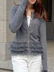 FRIFUL 女士圆领纽扣装饰喇叭袖拼接网纱宽松T恤，适合春夏季穿着 - 灰色 - 查看 6