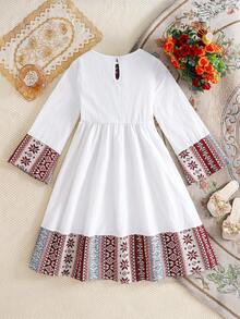 SHEIN Tween Girl Spring & Summer Casual Vacation Retro Stripes & Geometric Retro Print Patchwork Flare Sleeve Ruched Hem Long Dress - Burgundy - View 6