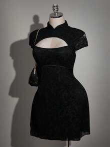 SHEIN ICON 大码女式复古中国风黑色蕾丝连衣裙 - 黑色 - 查看 1