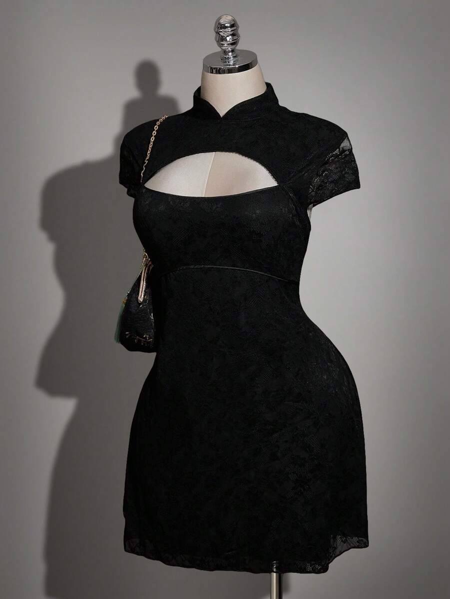 SHEIN ICON 大码女式复古中国风黑色蕾丝连衣裙 - 黑色 - 查看 1
