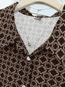 GlowEve CURVE 大码女式几何印花长袖单排扣休闲衬衫 - 棕色 - 查看 6