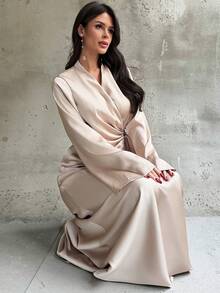 Firerie 男士优雅纯色腰带露背缎面亮面裹身系带上衣/衬衫和鱼尾裙两件套，缎面不对称下摆缎面裙套装，通勤派对，工作两件套，婚礼两件套，适合通勤、日常穿着，春夏款 - 杏色 - 查看 5