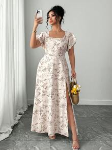 Elenzga Rochie stil rustic, casual, cu imprimeu floral, mărime plus - Caisă - Vizualizare 5