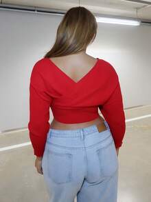 MelDlgn Plus Off Shoulder Surplice Neck Wrap Cross Wrap Cross Sweater In Fall/Winter - Red - View 2