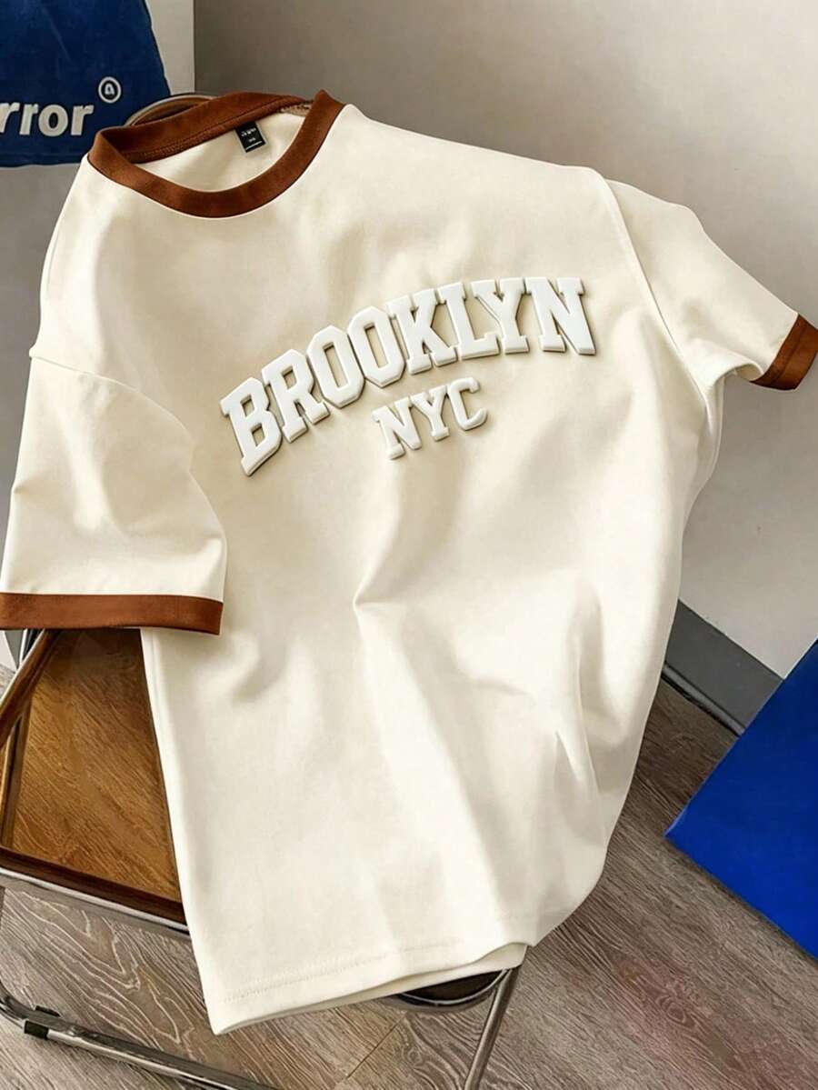Manfinity Joysei Standard Size Men's 3D Brooklyn Letter Contrast Color Cuff Splice T-Shirt, Spring - Beige - View 1