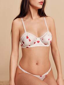 lacRébo Heart Print Satin Underwired Bra And Matching Long Lingere Set Cute Vintage Sexy Valentines Romantic French Style Parisian Style - White - View 5