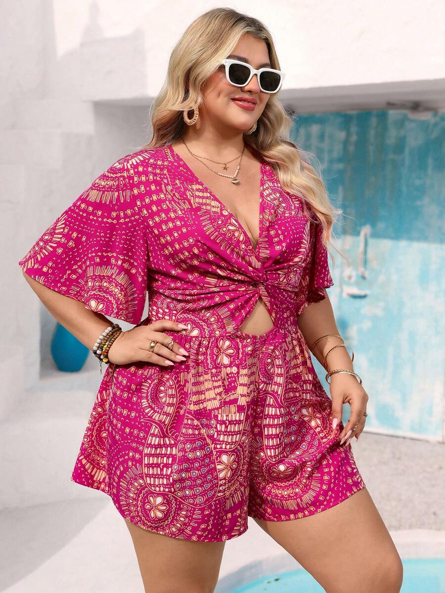 Vivid Eden Bộ jumpsuit dáng chữ A in họa tiết phong cách Bohemian, cổ chữ V, eo xoắn, xếp ly, cỡ lớn dành cho nữ, thích hợp cho mùa xuân/hè. - Màu Hồng Tươi - Xem 1