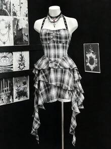 EgrlEra 女士休闲格子褶皱胸部不对称下摆连衣裙，夏季 - 灰色 - 查看 4