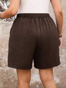 SHEIN LUNE Plus Size Casual Chocolate Brown Bermuda Shorts With Pockets Comfortable Woven Fabric Track Shorts - Chocolate Brown - View 2