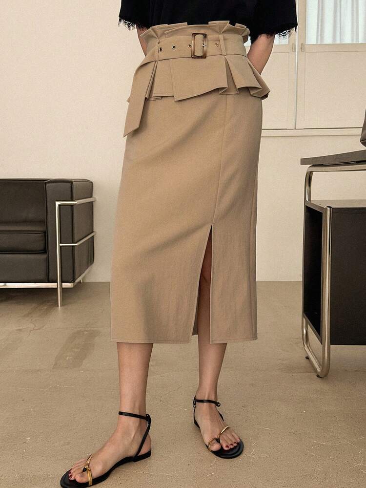 Women's Solid Color High Slit Belted Casual Skirt