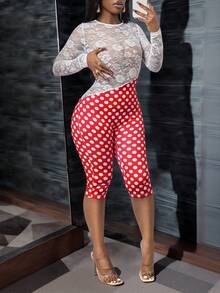 BamGleam Women's Red And White Polka Dot Jumpsuit,Lace Patchwork Sheer Long Sleeve Bodycon Two Piece Set,Chic Outfit For Autumn Party Night,Slim Fit - Multicolor - View 4