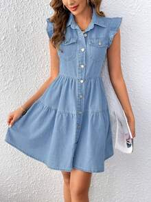 EMERY ROSE Đầm denim mỏng tay bồng dành cho nữ, thích hợp cho mùa xuân/hè, kiểu dáng thường ngày, thời trang và thoải mái. - Rửa nhẹ - Xem 2