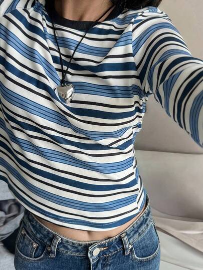 Livesso 여성 캐주얼 라운드 넥 스트라이프 티셔츠, 가을