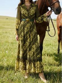 Anewsta 女士优雅度假系带流苏复古花卉蕾丝拼接连衣裙 - 軍綠色 - 查看 2