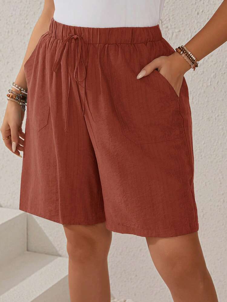 Plus Size Women's Texture Striped Elastic Waist Drawstring Pocketed Straight Dark Blue Shorts For Summer Women Plus Size Shorts Wide Leg Shorts Summer Spring Spring Women Spring