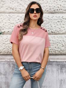 Miaspire Plus Size Women Button Design Striped Patchwork Round Neck Short Sleeve Casual T-Shirt For Summer/ Vacation,Pink Tops, Going Out Tops - Pink - View 4